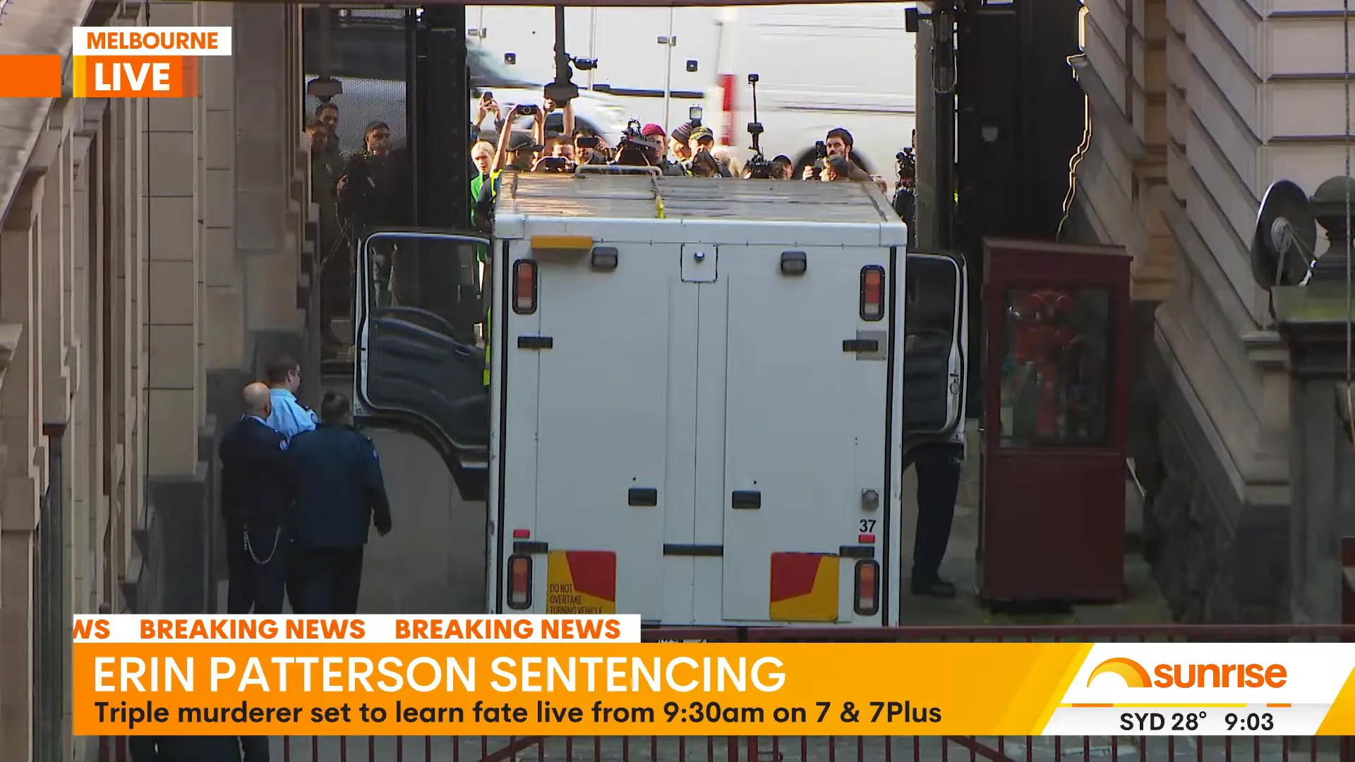 Prison van reversing into position outside the Supreme Court