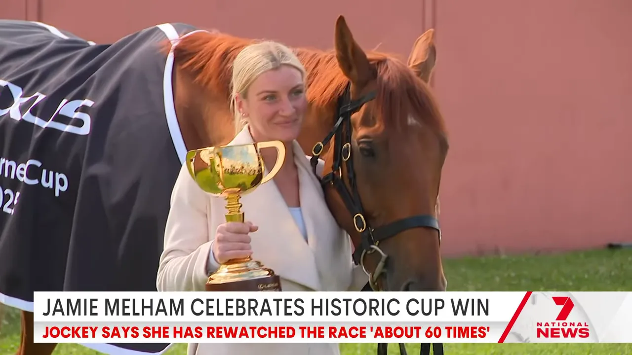 Jamie Mellon celebrating her Melbourne Cup win
