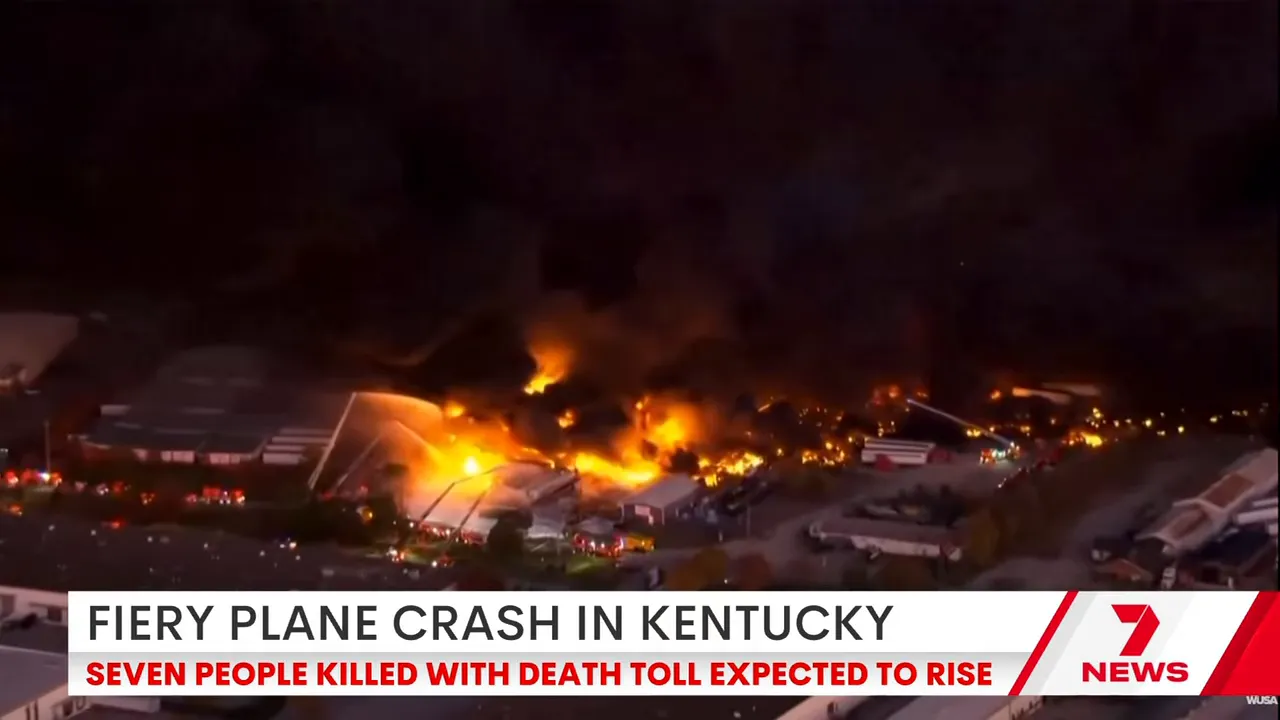 Aerial view showing the crash path and extent of the blaze near the runway