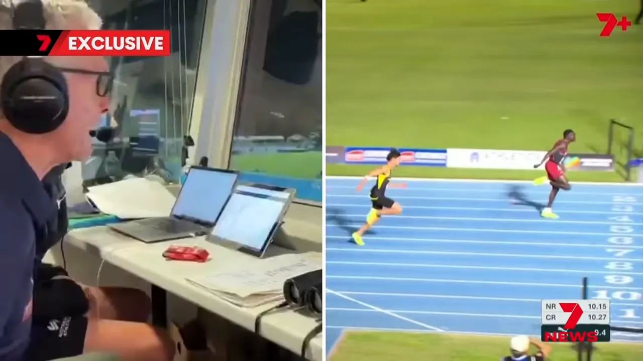 split-screen view of a commentator in the booth and a sprinter pulling away on a blue track