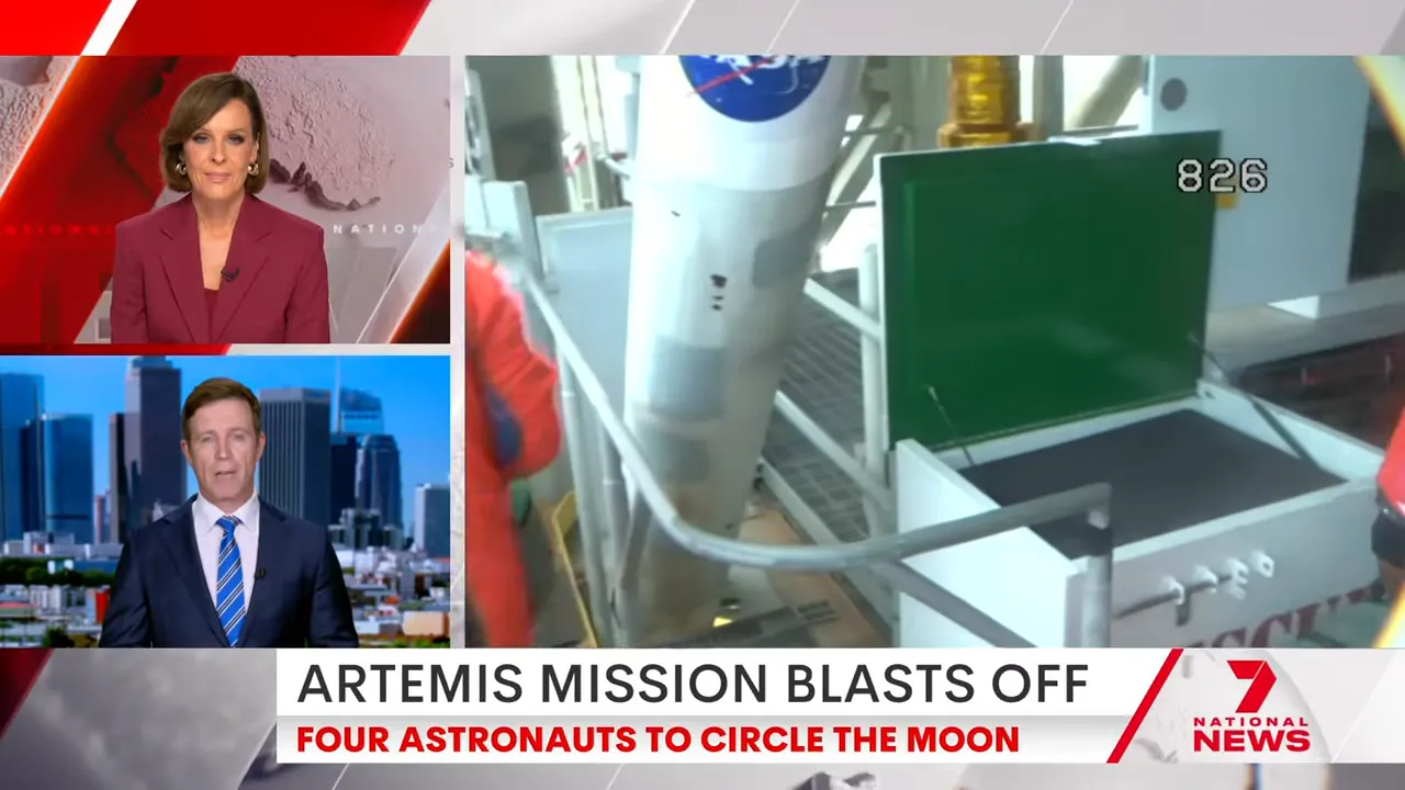 Artemis 2 mission hardware and facility equipment shown in National News coverage with crewed mission context overlay