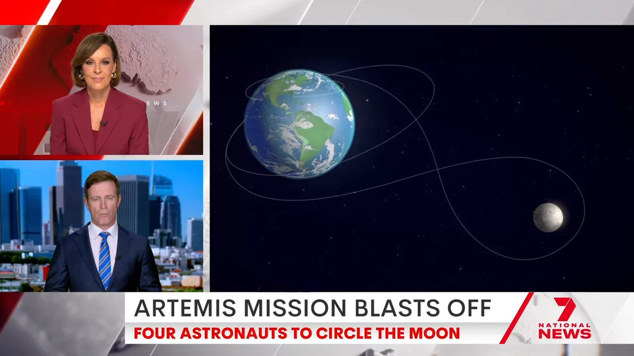 Diagram showing Artemis 2 spacecraft trajectory from Earth toward a lunar flyby path around the far side