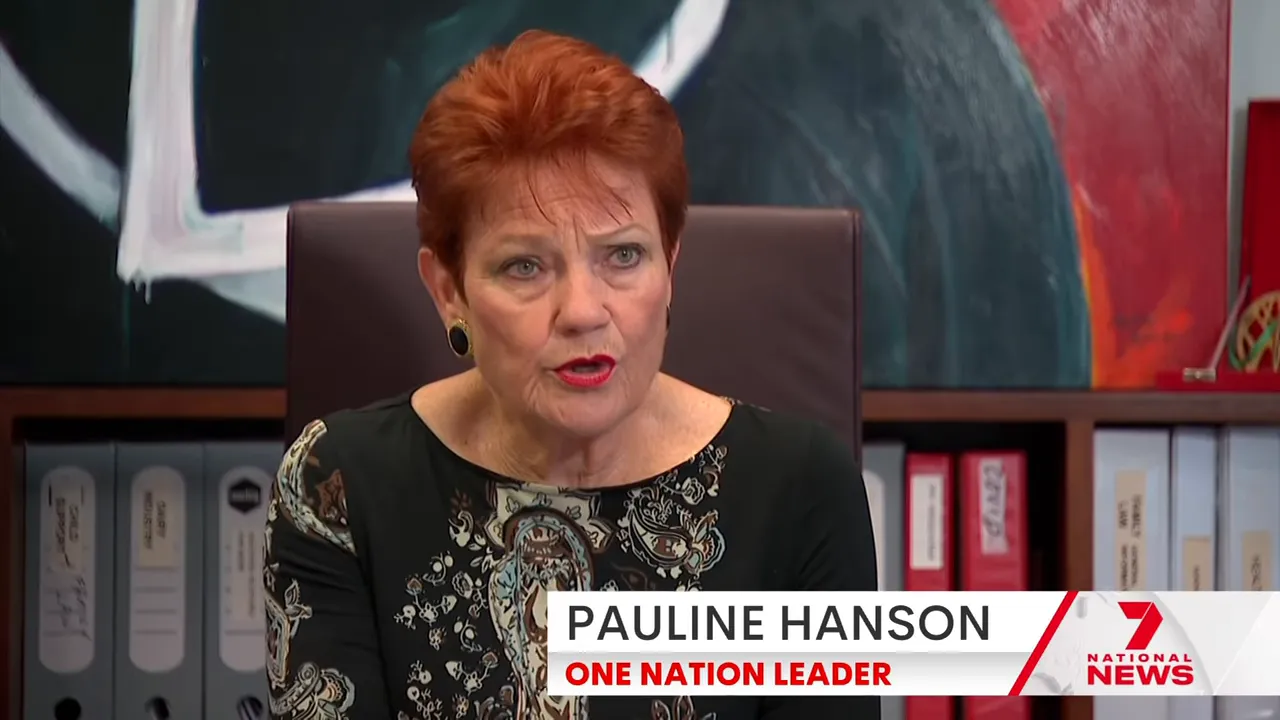 In-office interview close-up of Pauline Hanson with lower-third identifying her as 'Pauline Hanson — One Nation Leader'.
