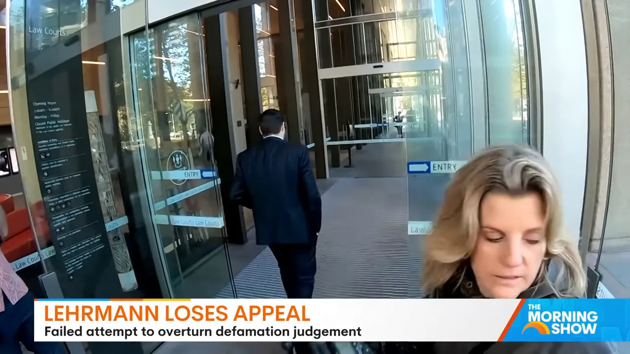 Court entrance with people and on-screen news banner reading 'LEHRMANN LOSES APPEAL'