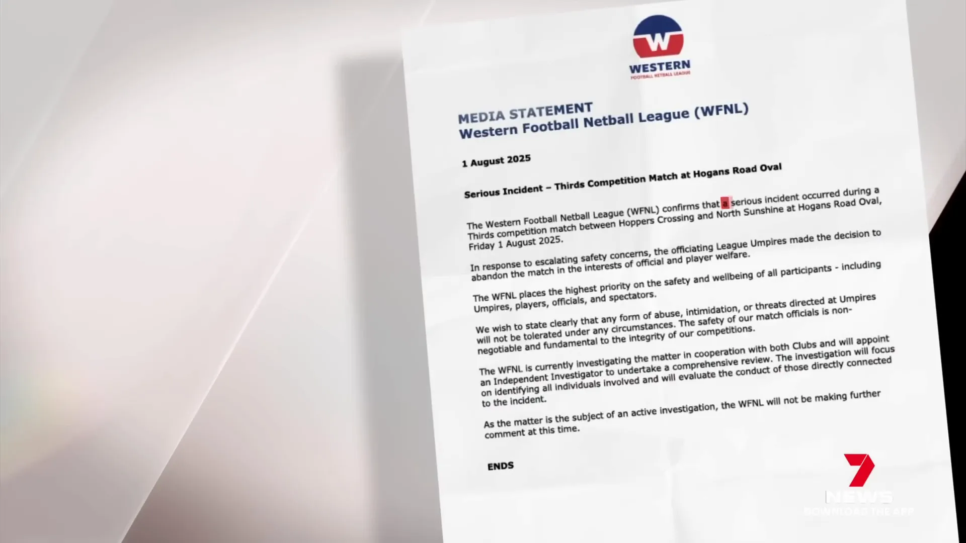 Western Football Netball League statement