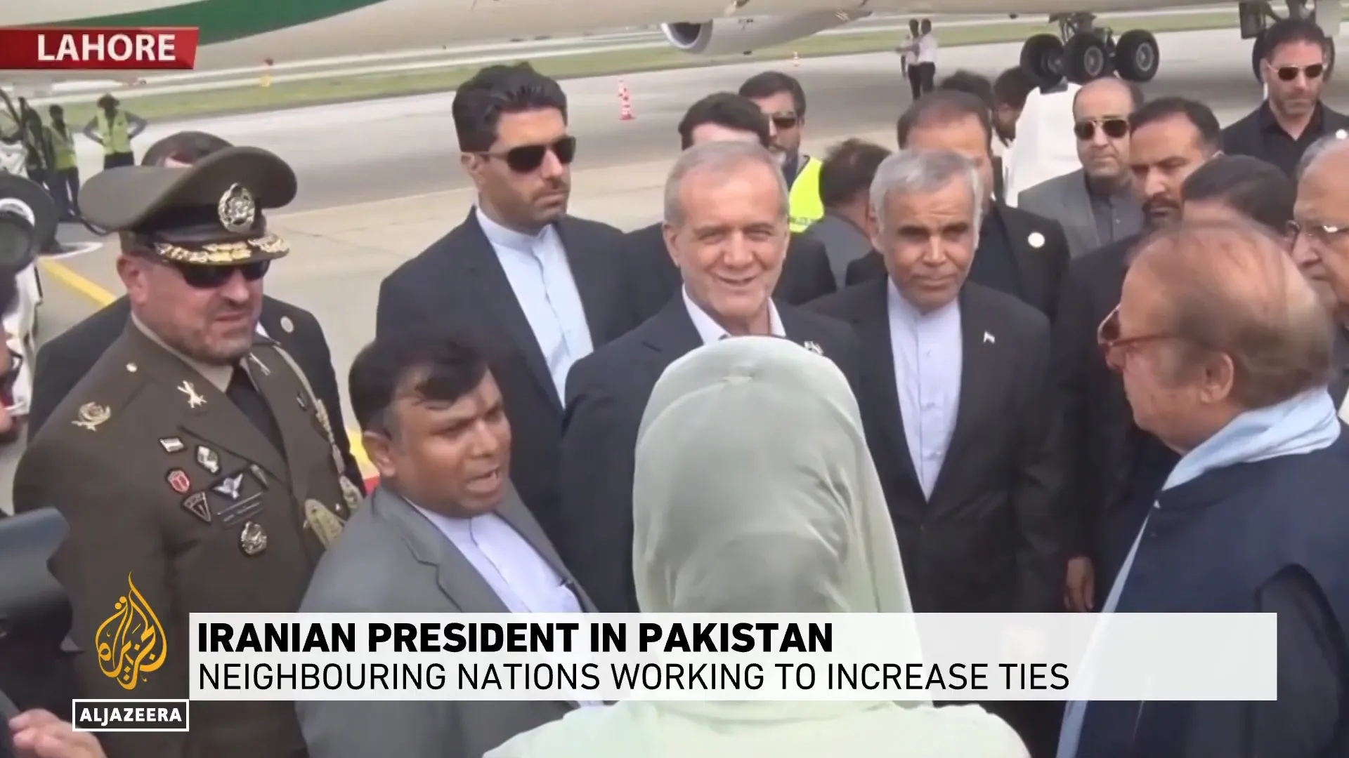 Iranian President Masoud Pezeshkian welcomed by former Prime Minister Nawaz Sharif in Lahore