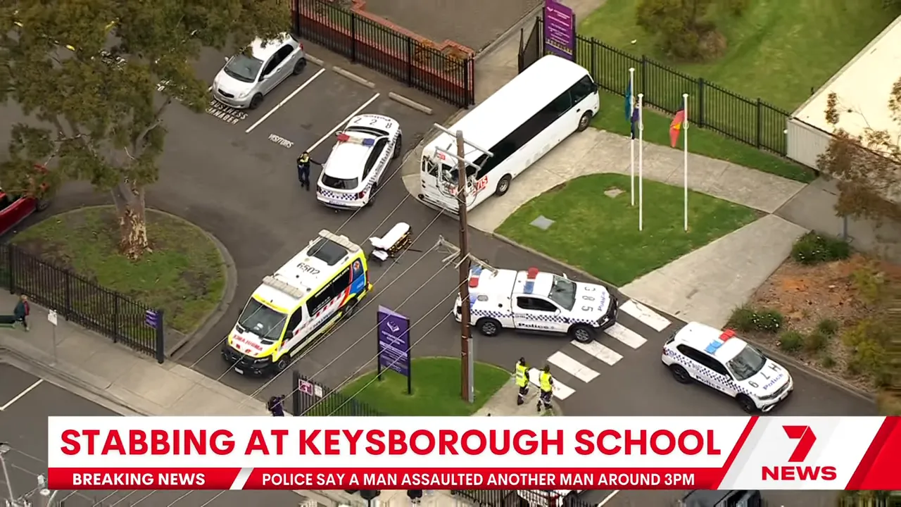 Clear aerial shot of an ambulance, a stretcher, police cars and a school bus parked outside the school gate.