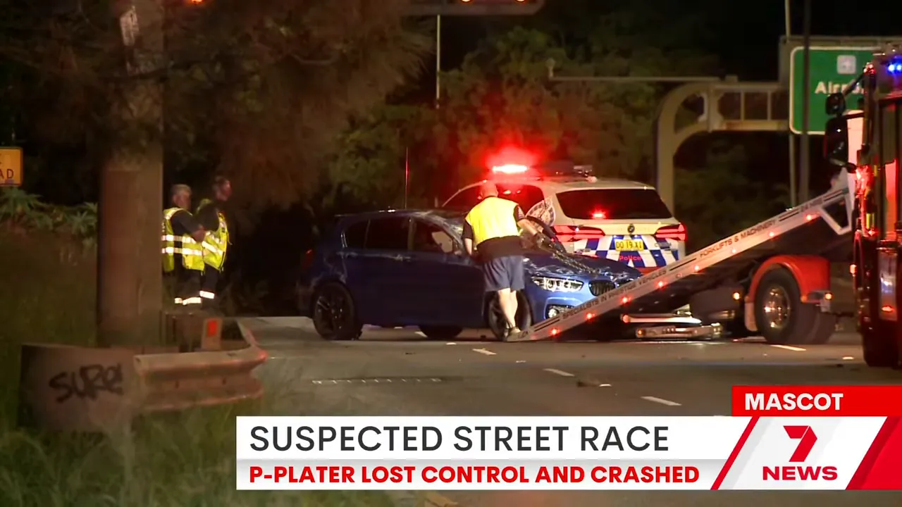 Emergency crews at the scene of a suspected street race crash near Sydney Airport in Mascot