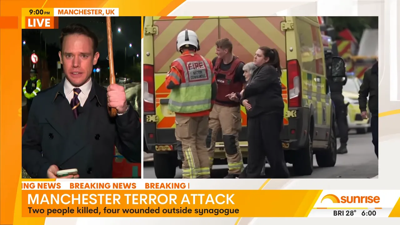 Forensic scene outside Manchester synagogue with police and emergency services present