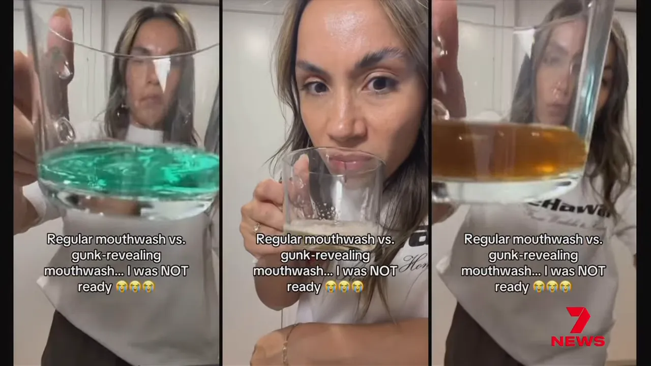 Side-by-side mouthwash comparison showing regular versus gunk-revealing results with on-screen text