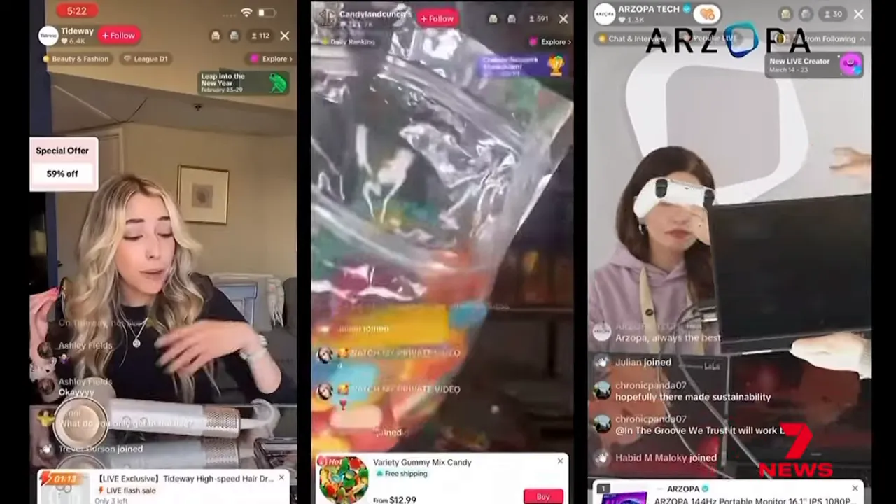 Screenshot of TikTok-style livestream and shopping interfaces with product offers