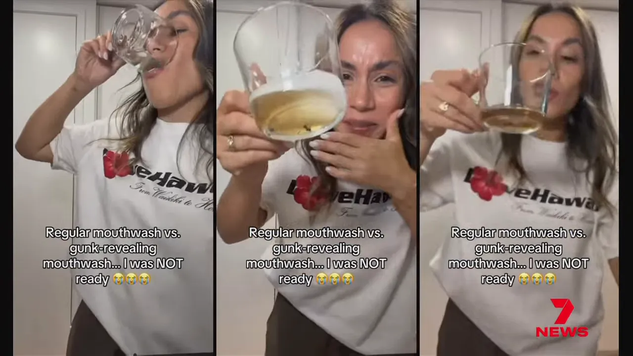 Comparison montage showing regular mouthwash versus gunk-revealing mouthwash in TikTok-style visuals