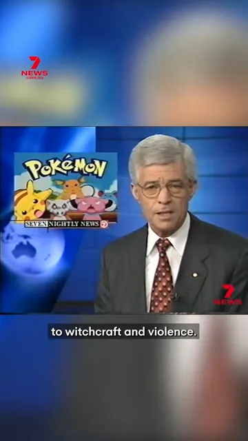 Television news presenter beside a Pokémon logo graphic