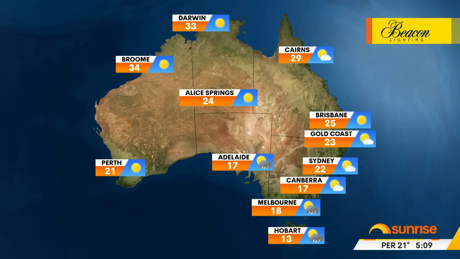 Weather map showing conditions across Australian cities