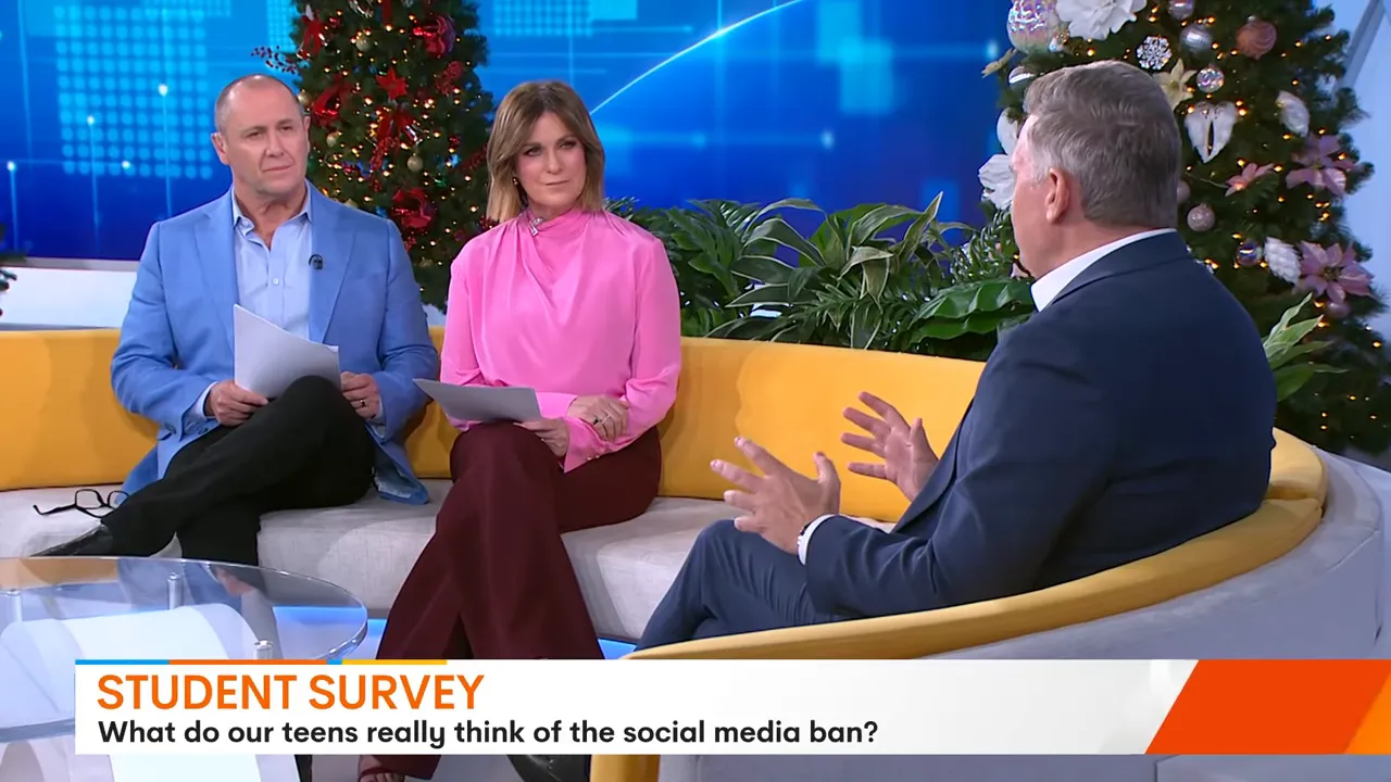 TV show hosts and guest in mid-discussion on a studio couch during a segment titled 'Student Survey'