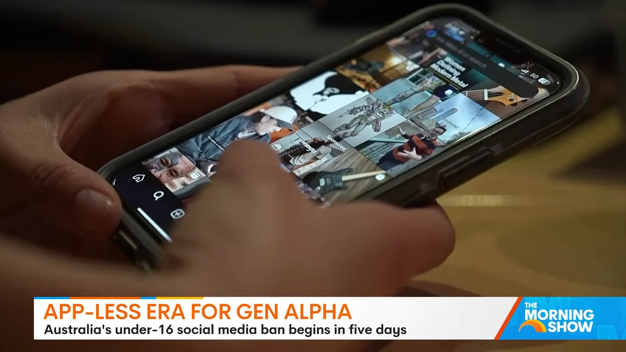 Close-up of a smartphone showing an Instagram-style grid while a hand scrolls the feed.