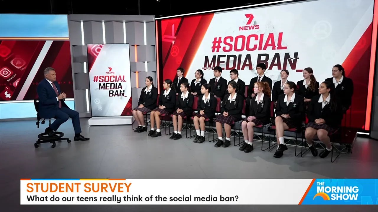 A seated group of high school students in a studio for a student survey about the social media ban