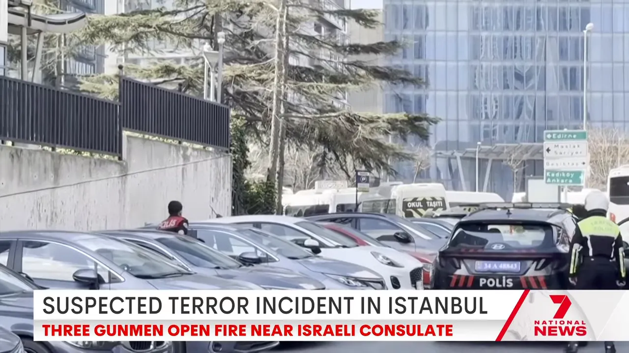 Police cars and security forces securing the street near the Israeli consulate in Istanbul