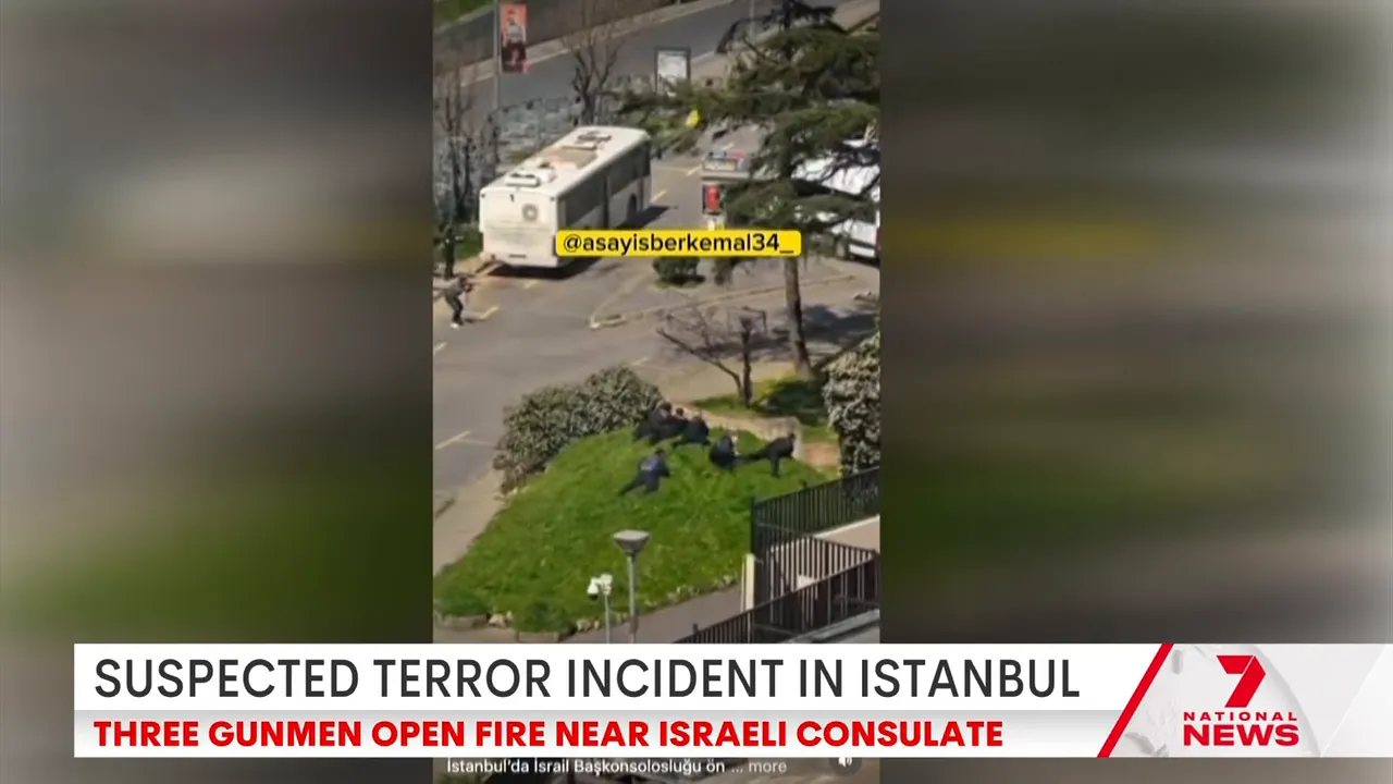 Security and emergency vehicles on a street near the Israeli consulate in Istanbul during the investigation