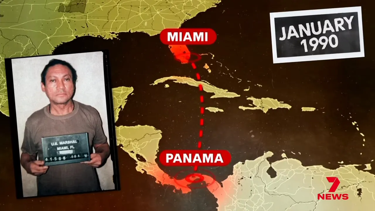News map showing Panama and Miami connected by a dotted route, with an inset mugshot and a 'January 1990' label.