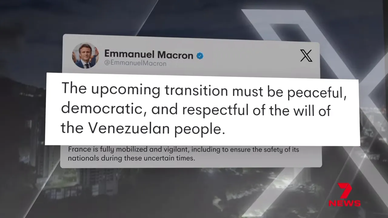 Clear screenshot of a French social-media statement urging a peaceful, democratic transition in Venezuela, shown over a night-time city background and news branding.
