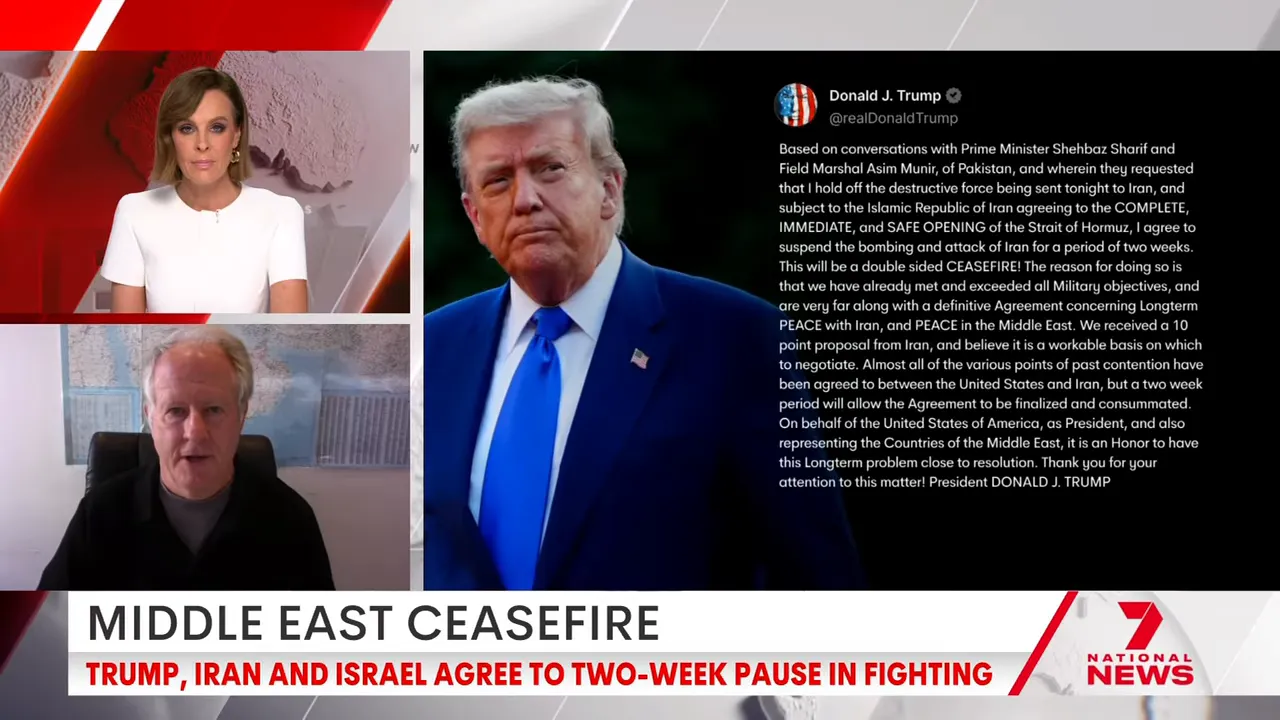 Donald Trump image and tweet text explaining a ceasefire condition tied to safe opening of the Strait of Hormuz