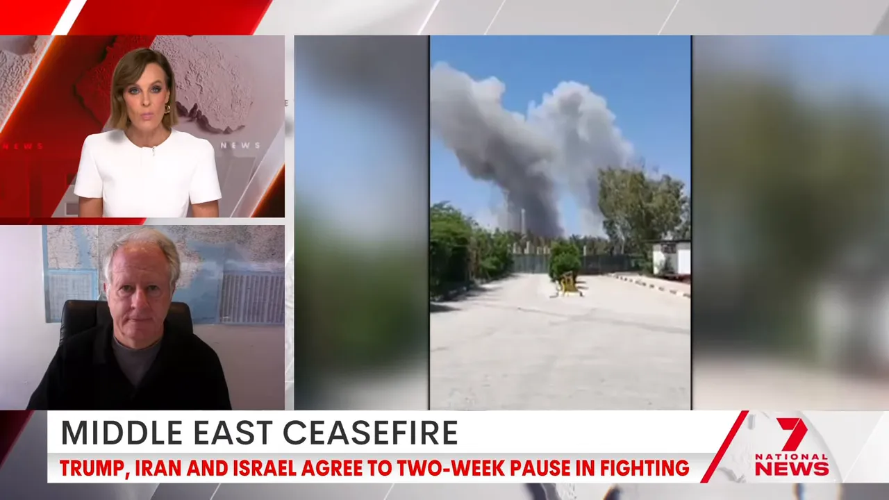 News broadcast image showing a ceasefire headline with Donald Trump and references to safely reopening the Strait of Hormuz