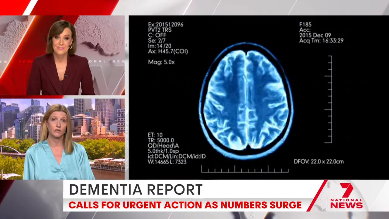 TV split-screen showing a blue brain MRI scan alongside news anchors and a 'Dementia Report' banner.