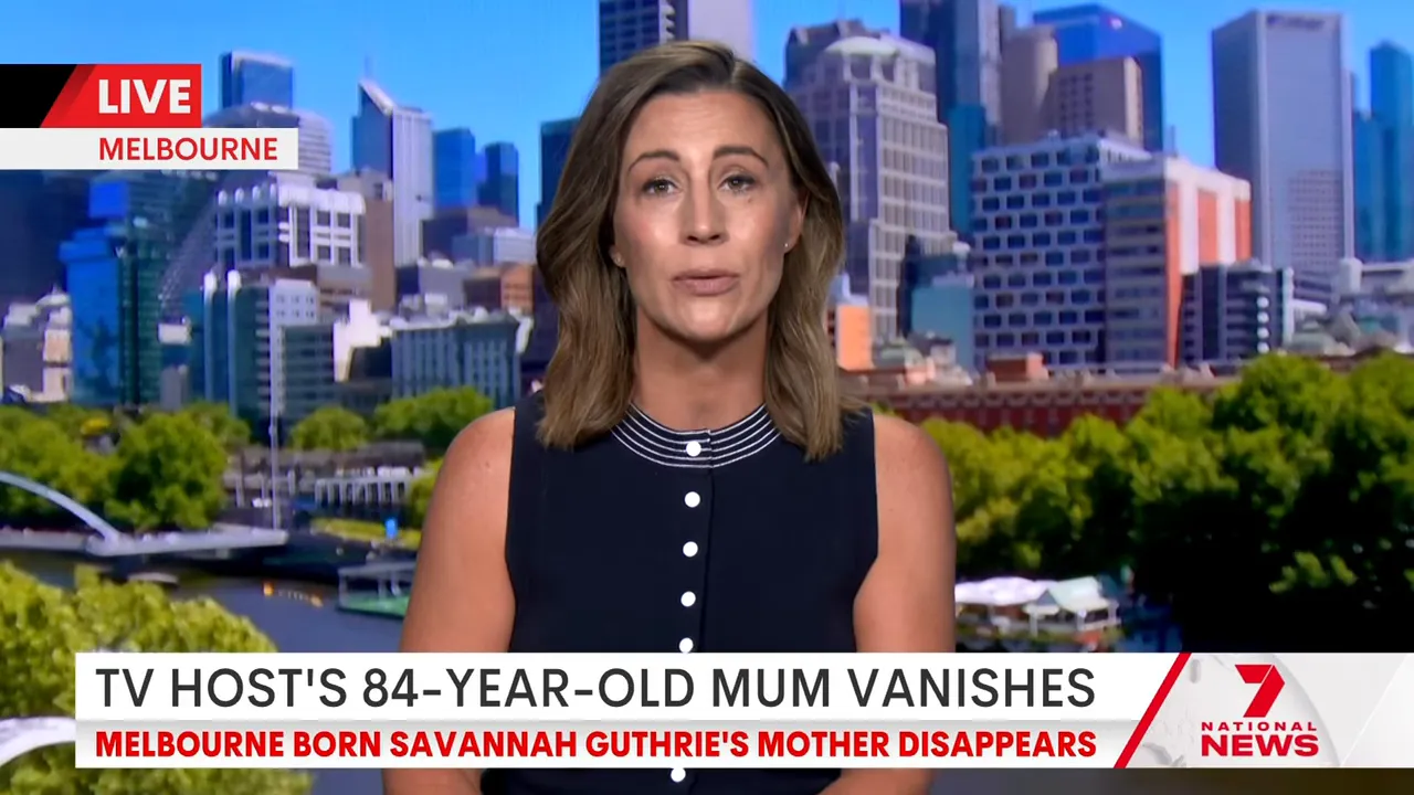 Clear shot of TV news presenter live from Melbourne with lower-third headline reporting the 84-year-old mother has vanished