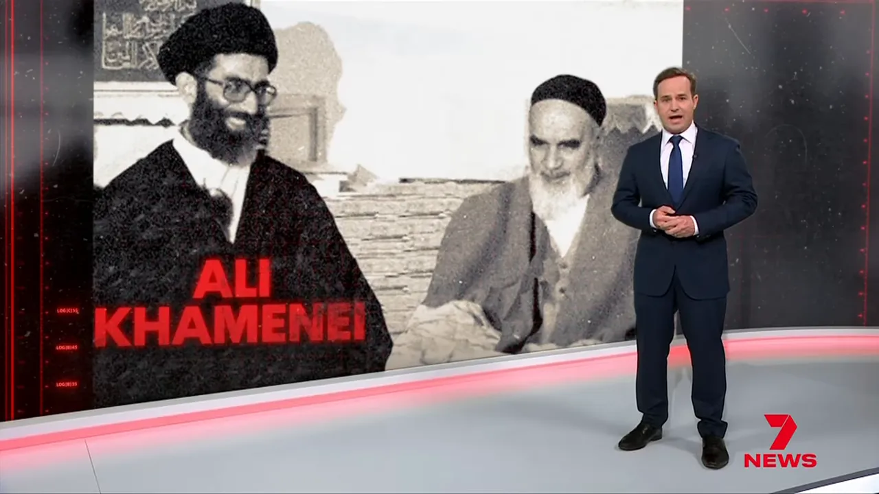 Presenter standing next to a large historical photo of two senior clerics