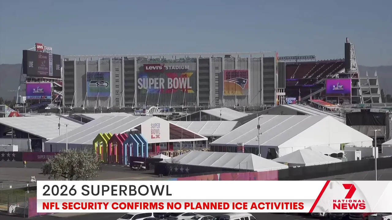 Wide exterior of Levi’s Stadium and fan village with a news chyron stating no planned ICE activities