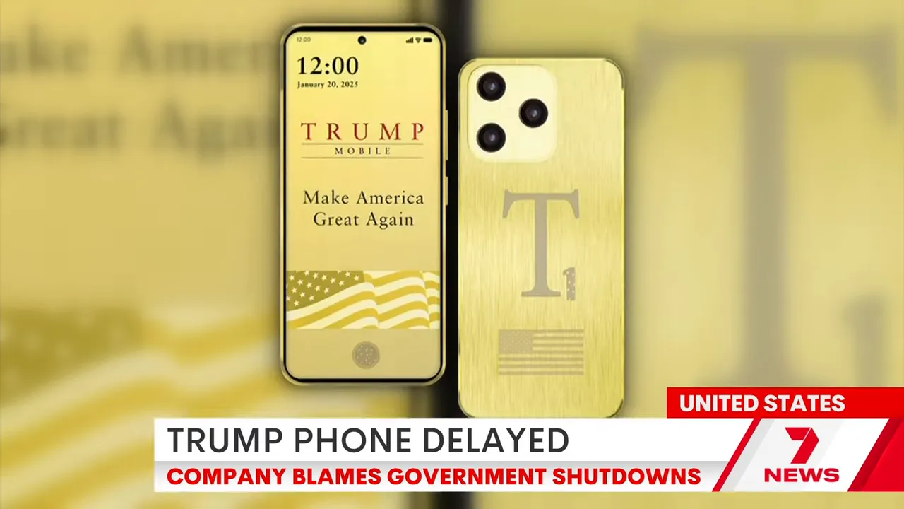 Gold T1 smartphone front and back mockups showing 'Trump Mobile' screen, gold finish, T1 engraving and US flag.