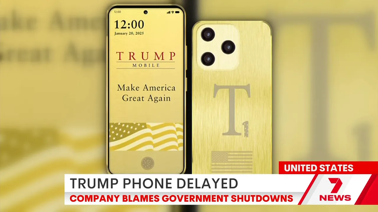 Gold Trump T1 smartphone front and back showing 'Make America Great Again' on screen and news headline about delays