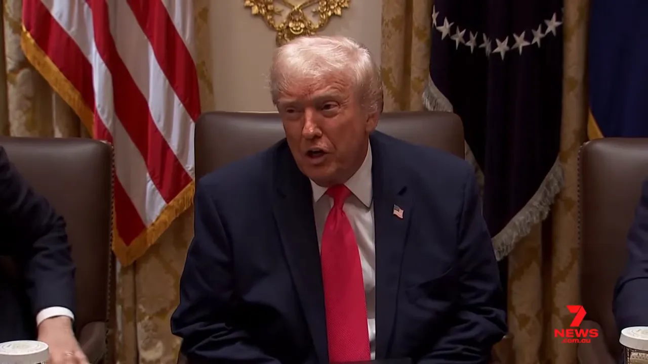 Close view of President Trump speaking at a conference table with US flag and presidential seal behind him