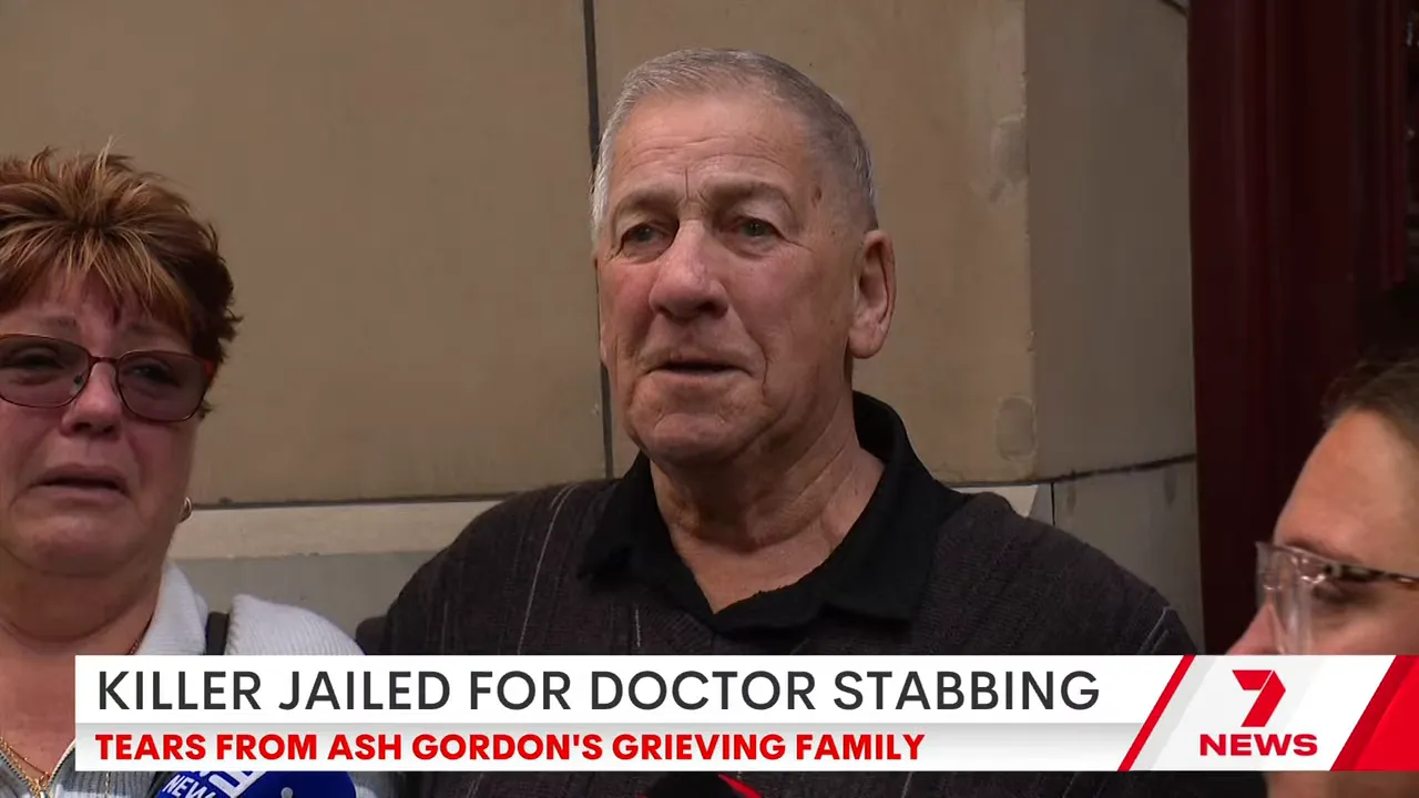 Solemn elderly man with grieving family outside courthouse