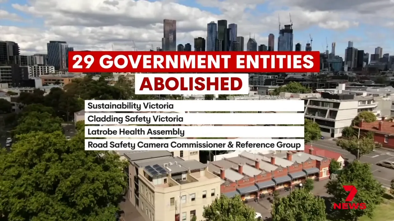Aerial view of Melbourne with an overlaid graphic listing '29 GOVERNMENT ENTITIES ABOLISHED' and examples including Sustainability Victoria and Latrobe Health Assembly.
