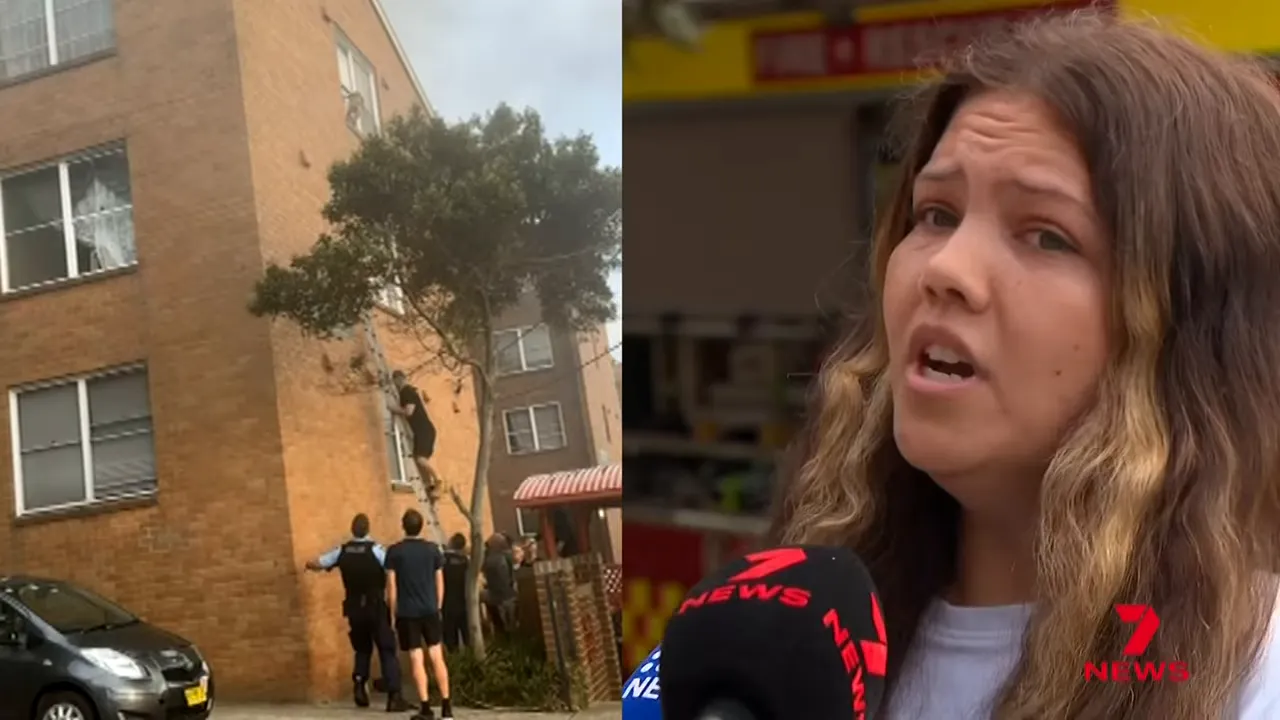 person climbing a ladder up the side of an apartment building with bystanders at the base