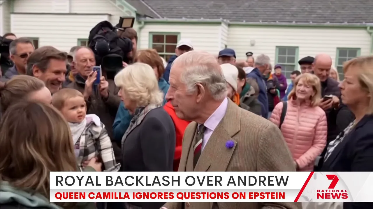 an older couple moving through a crowd of onlookers and media during an outdoor public engagement with a news chyron at bottom