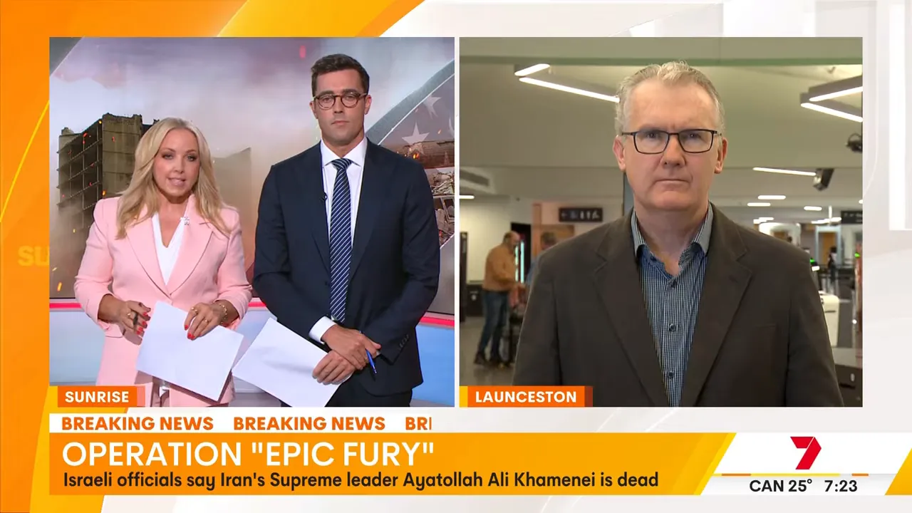 Clear TV screenshot of studio news hosts on the left and a remote correspondent in Launceston on the right.
