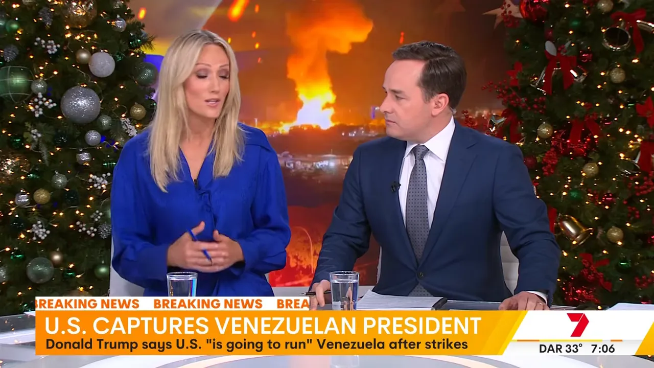Two television news anchors in the Sunrise studio with large flames visible on the screen behind them and a 'U.S. captures Venezuelan president' banner.