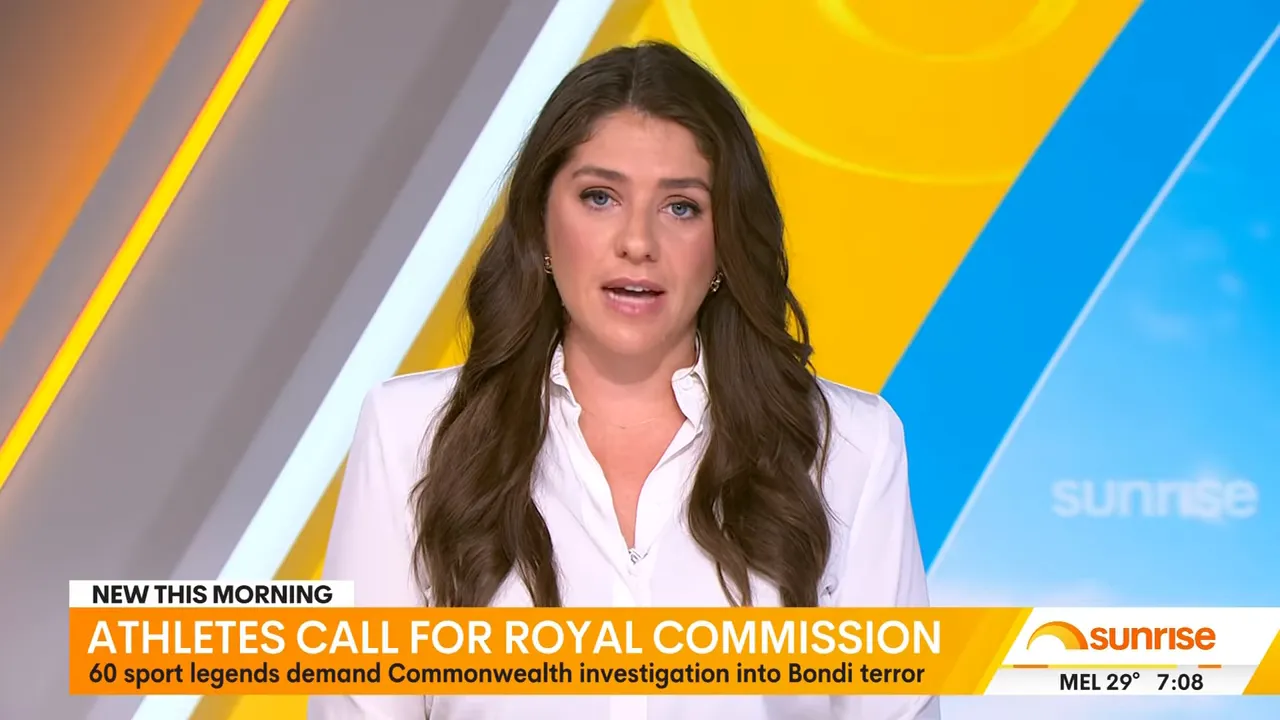 Television presenter in the studio with a prominent 'Athletes call for royal commission' headline at the bottom of the frame.