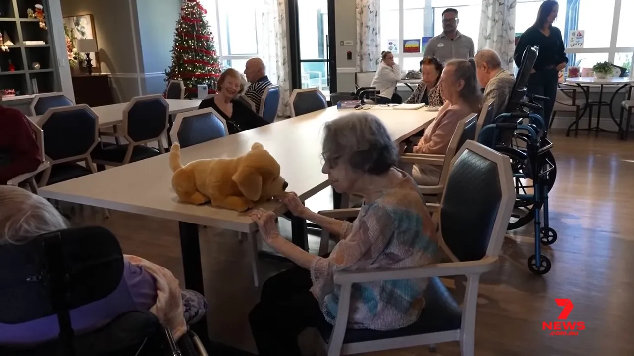Wide view of a care-home common room showing several residents and a lifelike robotic puppy on a table being touched by a senior.