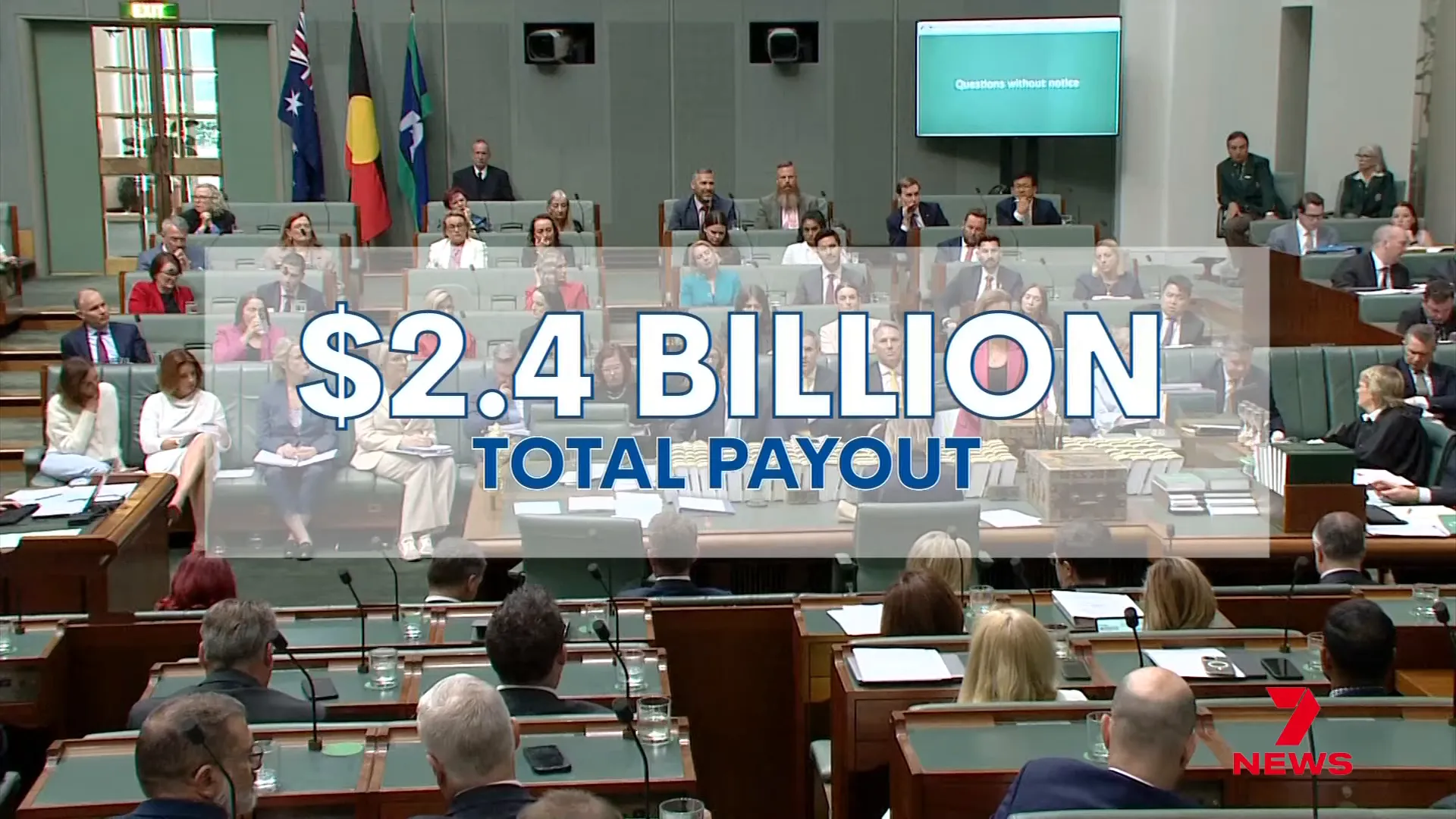 On-screen figure showing payout numbers and victim count