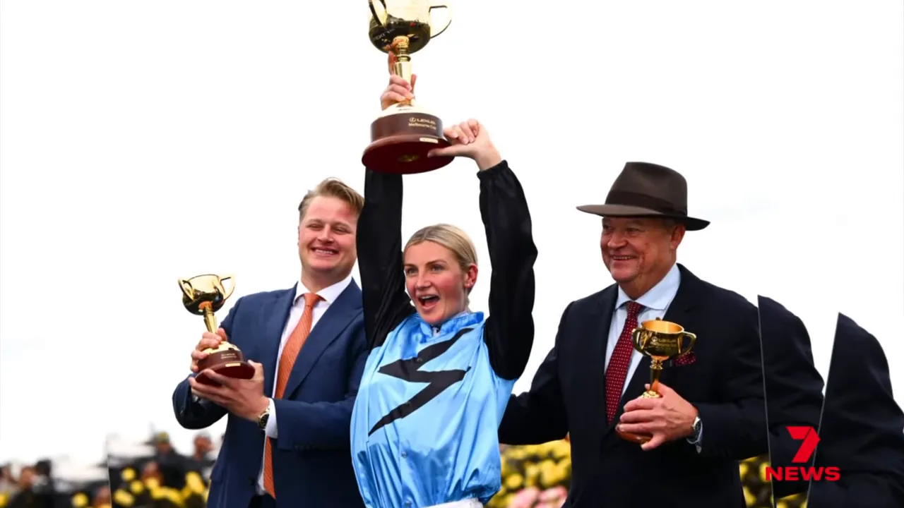 Celebrations on the Flemington track after the finish
