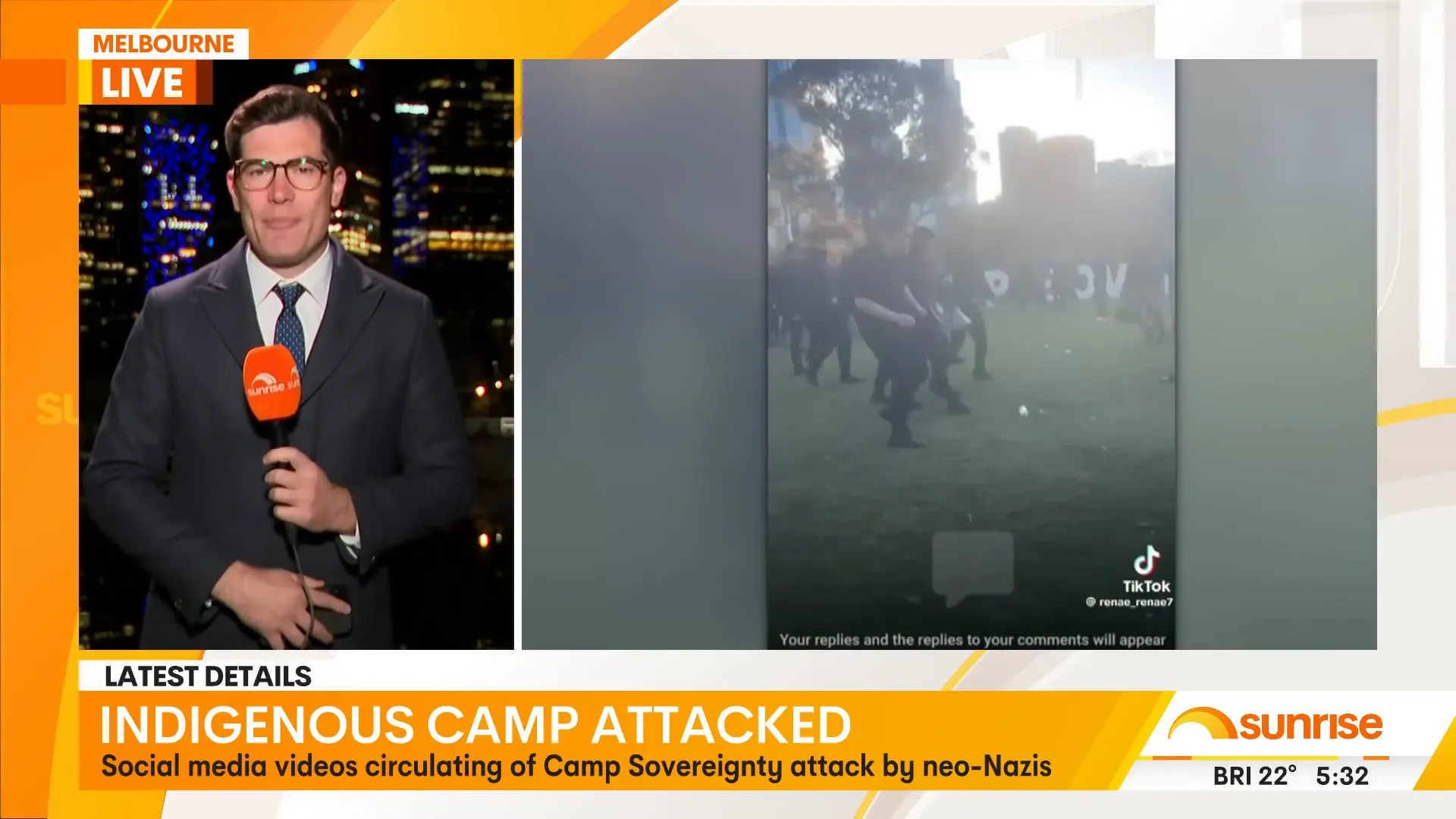 Group of men confronting Indigenous camp