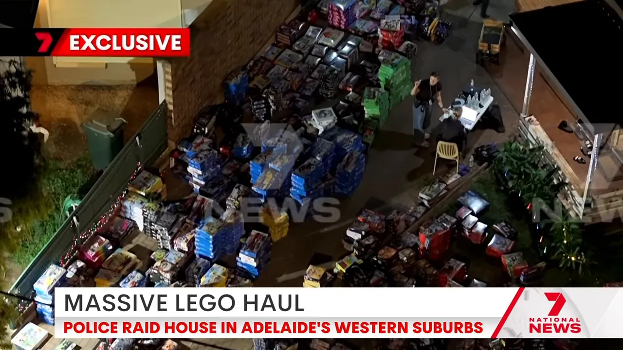 Top-down view showing piles of boxed Lego during the Adelaide Lego raid