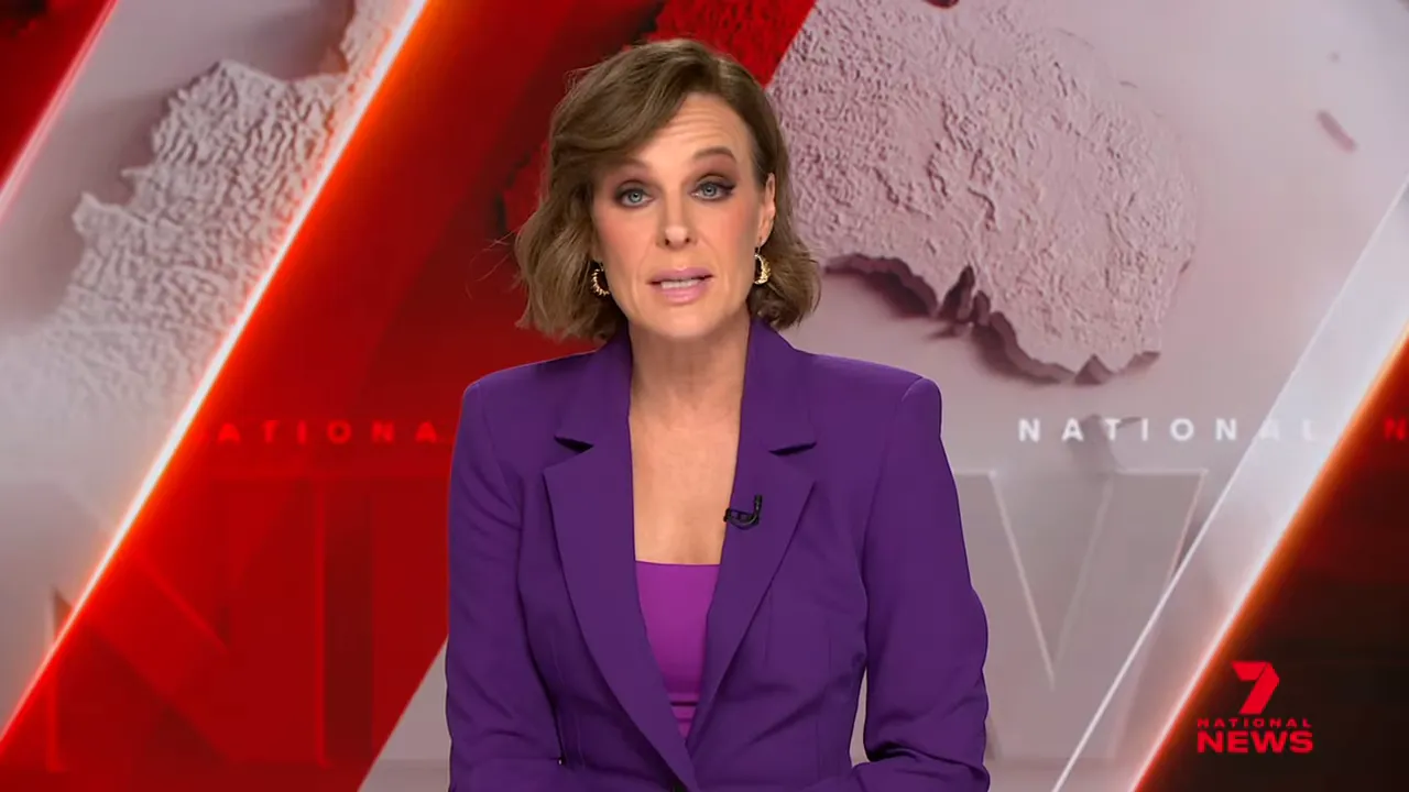Centered television news anchor in purple jacket with 'National News' studio graphics clearly visible