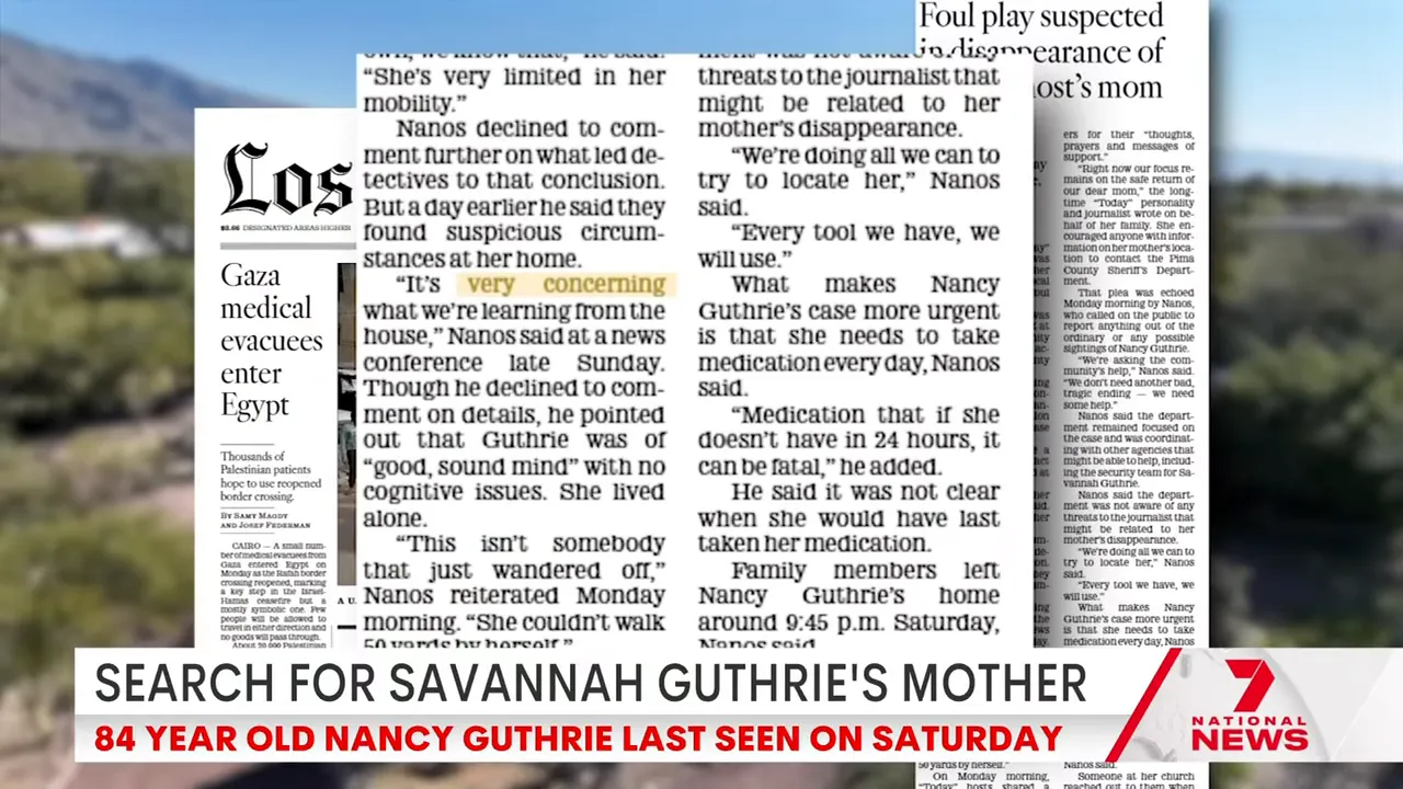 Zoomed close-up of a newspaper article about the missing woman with readable columns of text and headlines