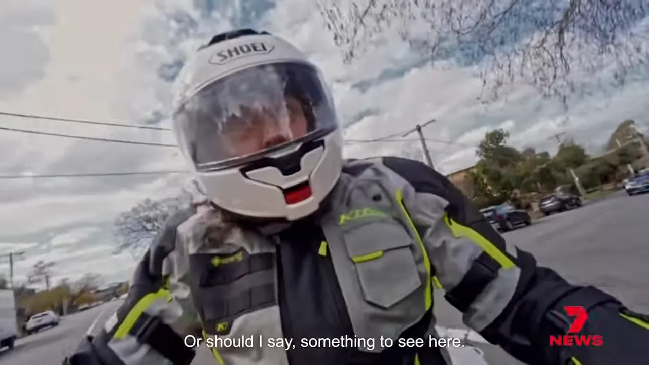 Ross Noble speaking directly to camera about drivers imagining faces behind helmets