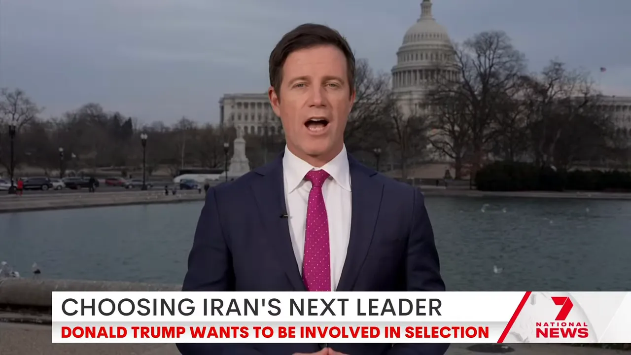 Television reporter in front of the US Capitol with a news chyron about choosing Iran's next leader.